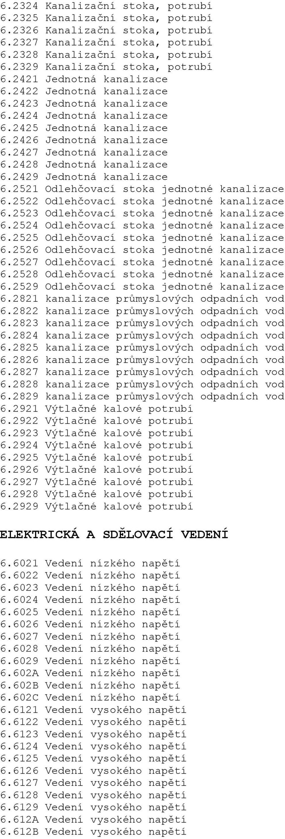 2427 Jednotná kanalizace 6.2428 Jednotná kanalizace 6.2429 Jednotná kanalizace 6.2521 Odlehčovací stoka jednotné kanalizace 6.2522 Odlehčovací stoka jednotné kanalizace 6.