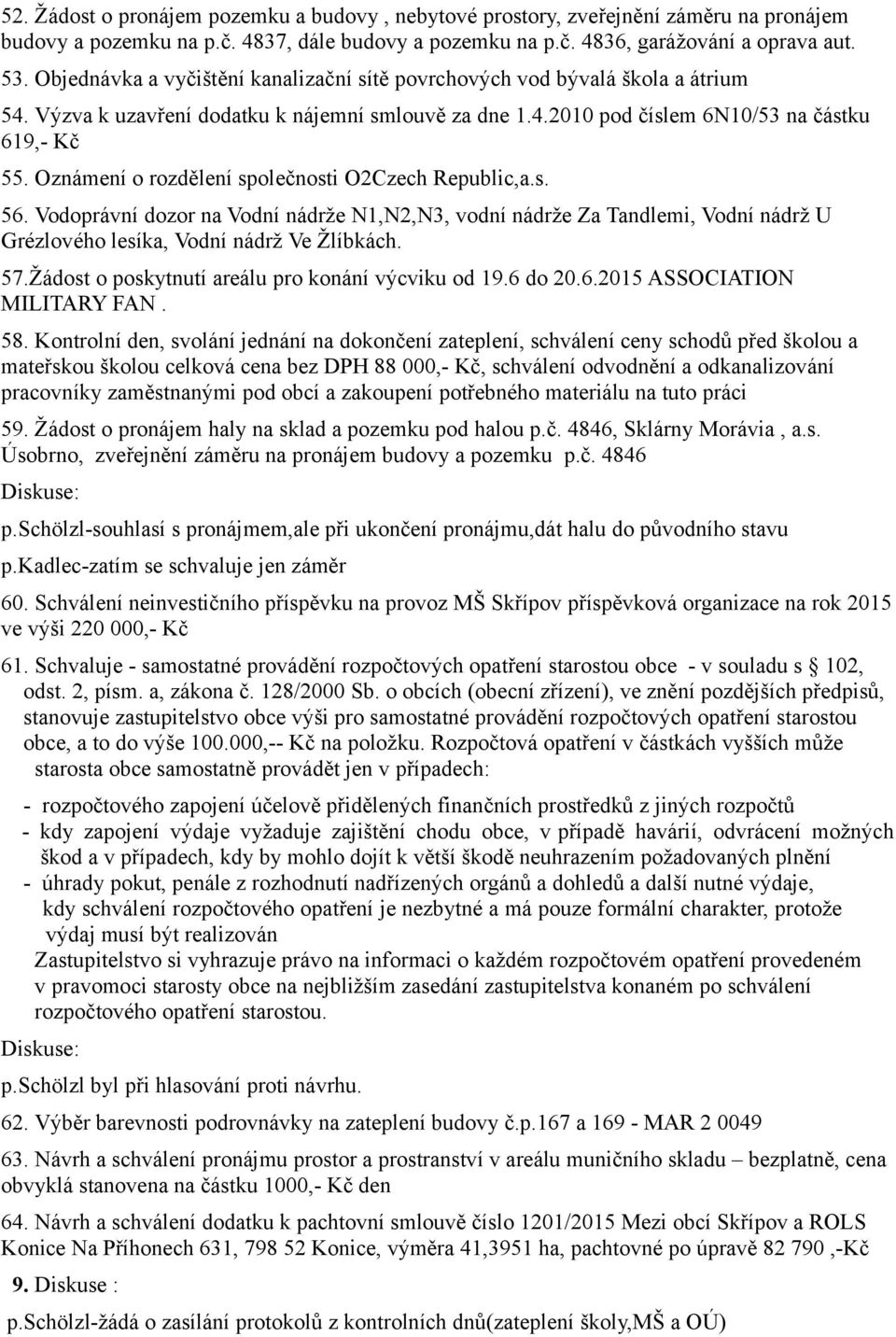 Oznámení o rozdělení společnosti O2Czech Republic,a.s. 56. Vodoprávní dozor na Vodní nádrže N1,N2,N3, vodní nádrže Za Tandlemi, Vodní nádrž U Grézlového lesíka, Vodní nádrž Ve Žlíbkách. 57.