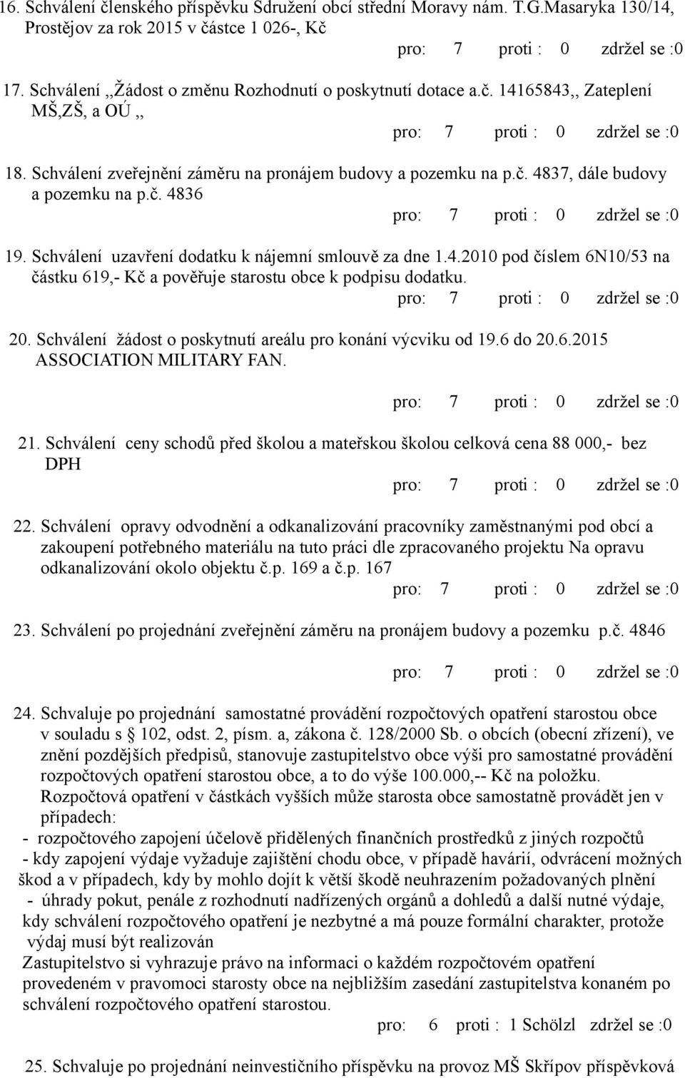 20. Schválení žádost o poskytnutí areálu pro konání výcviku od 19.6 do 20.6.2015 ASSOCIATION MILITARY FAN. 21. Schválení ceny schodů před školou a mateřskou školou celková cena 88 000,- bez DPH 22.