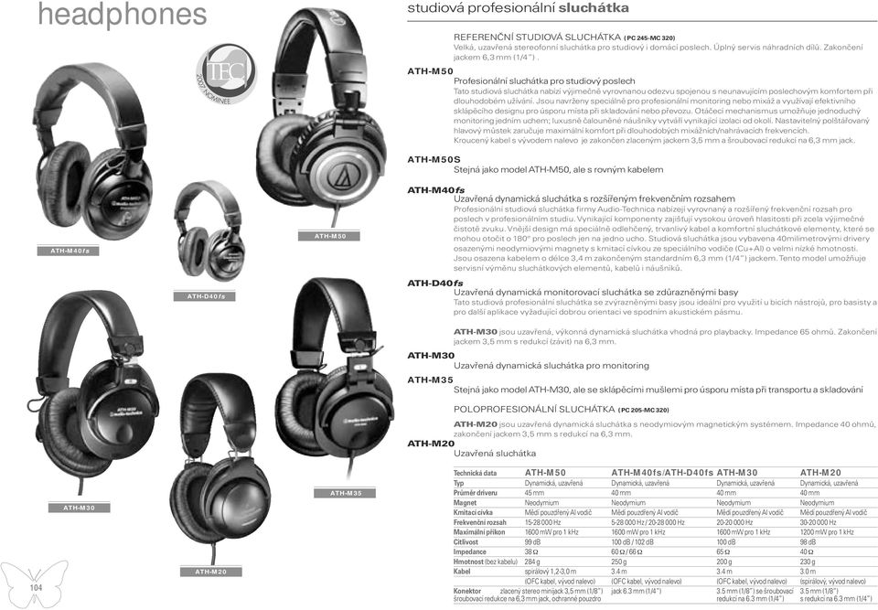ATH-M50 Profesionální sluchátka pro studiový poslech Tato studiová sluchátka nabízí výjimečně vyrovnanou odezvu spojenou s neunavujícím poslechovým komfortem při dlouhodobém užívání.