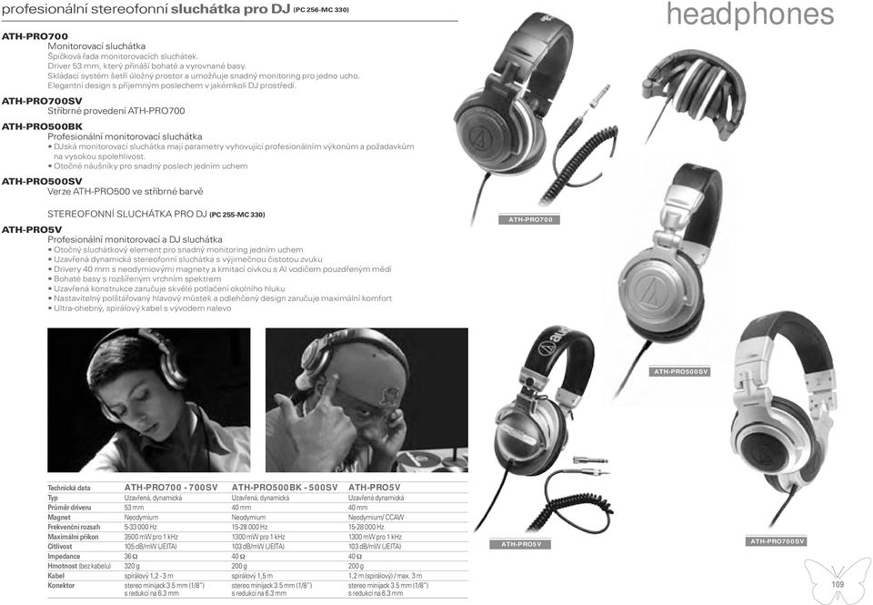 ATH-PRO700SV Stříbrné provedení ATH-PRO700 ATH-PRO500BK Profesionální monitorovací sluchátka DJská monitorovací sluchátka mají parametry vyhovující profesionálním výkonům a požadavkům na vysokou
