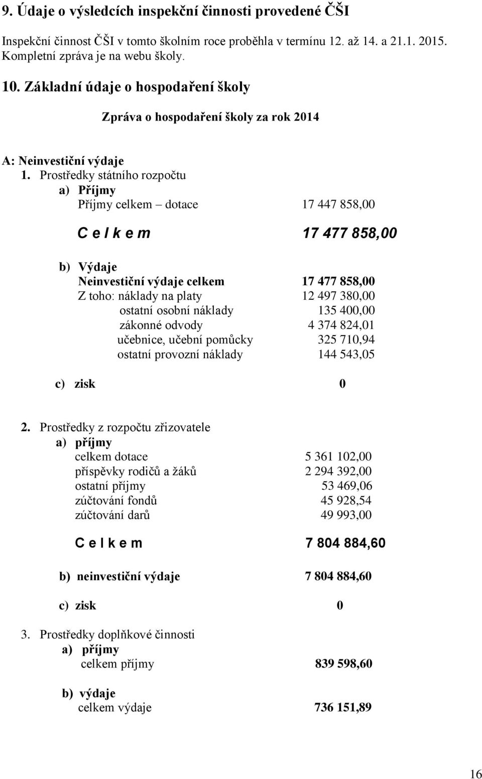 Prostředky státního rozpočtu a) Příjmy Příjmy celkem dotace 17 447 858,00 C e l k e m 17 477 858,00 b) Výdaje Neinvestiční výdaje celkem 17 477 858,00 Z toho: náklady na platy 12 497 380,00 ostatní