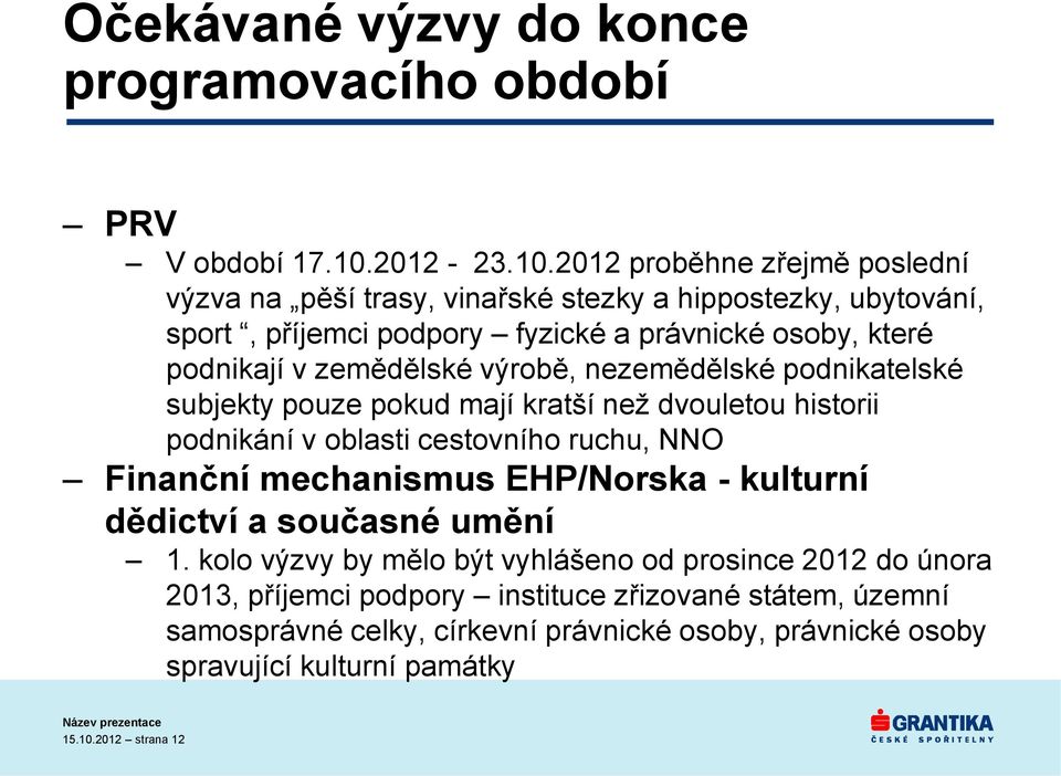 2012 proběhne zřejmě poslední výzva na pěší trasy, vinařské stezky a hippostezky, ubytování, sport, příjemci podpory fyzické a právnické osoby, které podnikají v