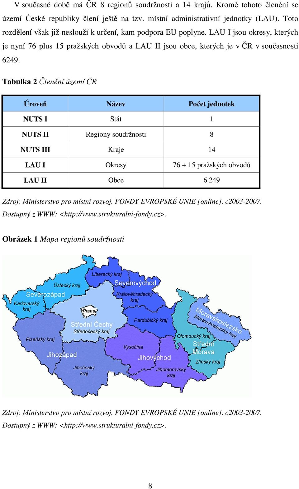 Tabulka 2 Členění území ČR Úroveň Název Počet jednotek NUTS I Stát 1 NUTS II Regiony soudržnosti 8 NUTS III Kraje 14 LAU I Okresy 76 + 15 pražských obvodů LAU II Obce 6 249 Zdroj: Ministerstvo pro