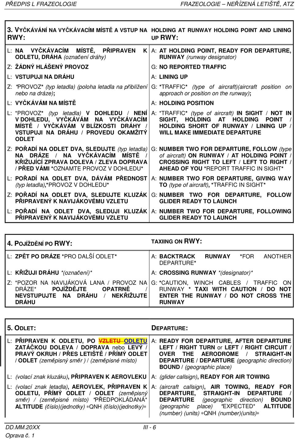 DEPARTURE, RUNWAY (runway designator) Z: ŽÁDNÝ HLÁŠENÝ PROVOZ G: NO REPORTED TRAFFIC L: VSTUPUJI NA DRÁHU A: LINING UP Z: *PROVOZ* (typ letadla) (poloha letadla na přiblížení nebo na dráze); G: