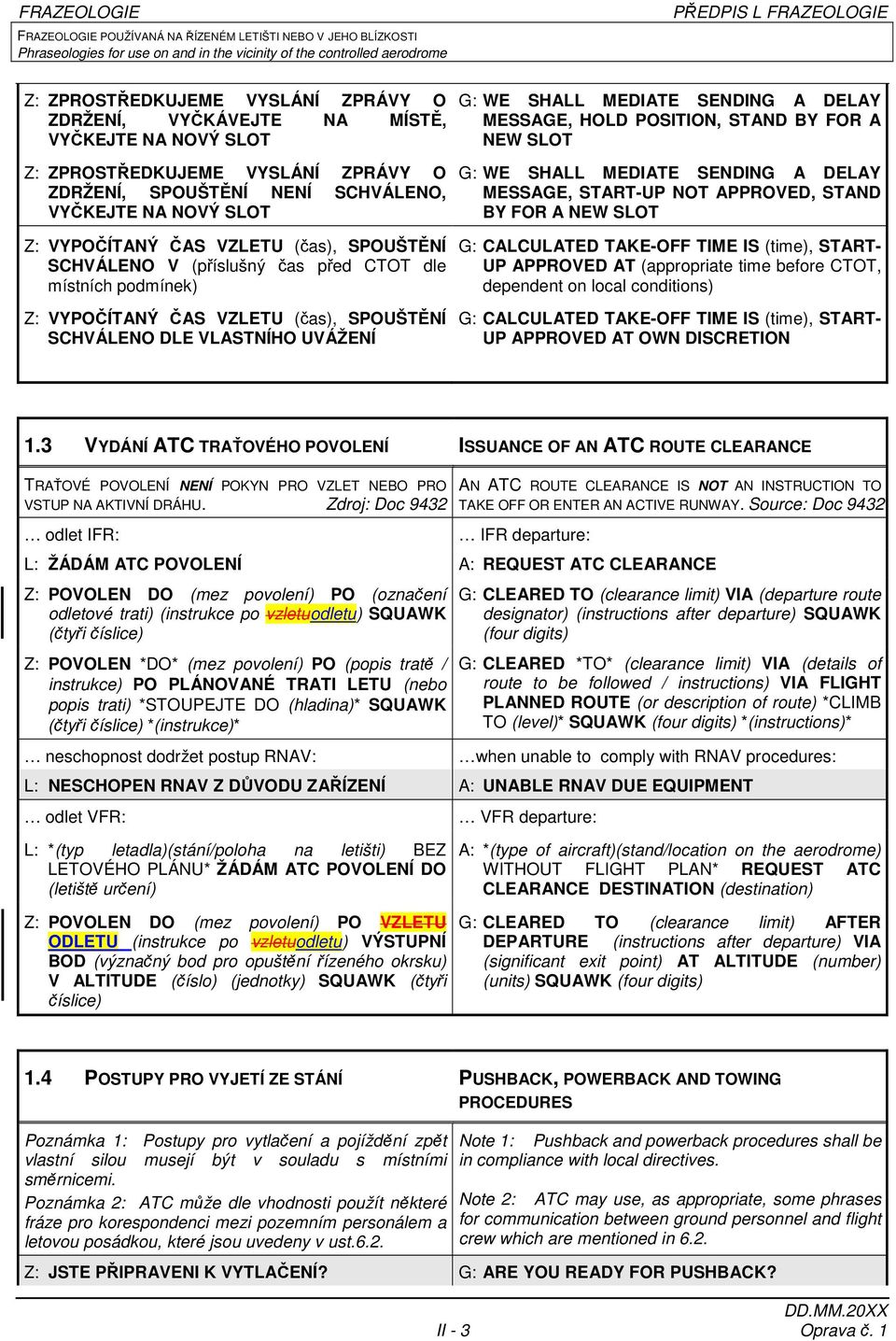 SCHVÁLENO V (příslušný čas před CTOT dle místních podmínek) Z: VYPOČÍTANÝ ČAS VZLETU (čas), SPOUŠTĚNÍ SCHVÁLENO DLE VLASTNÍHO UVÁŽENÍ G: WE SHALL MEDIATE SENDING A DELAY MESSAGE, HOLD POSITION, STAND