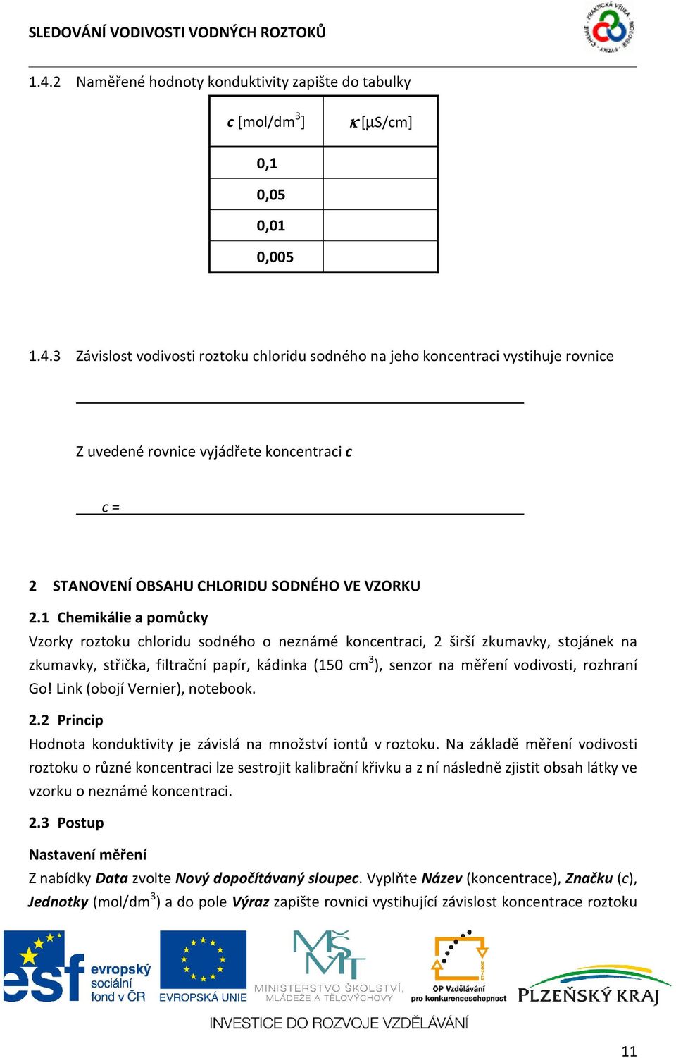 1 Chemikálie a pomůcky Vzorky roztoku chloridu sodného o neznámé koncentraci, 2 širší zkumavky, stojánek na zkumavky, střička, filtrační papír, kádinka (150 cm 3 ), senzor na měření vodivosti,