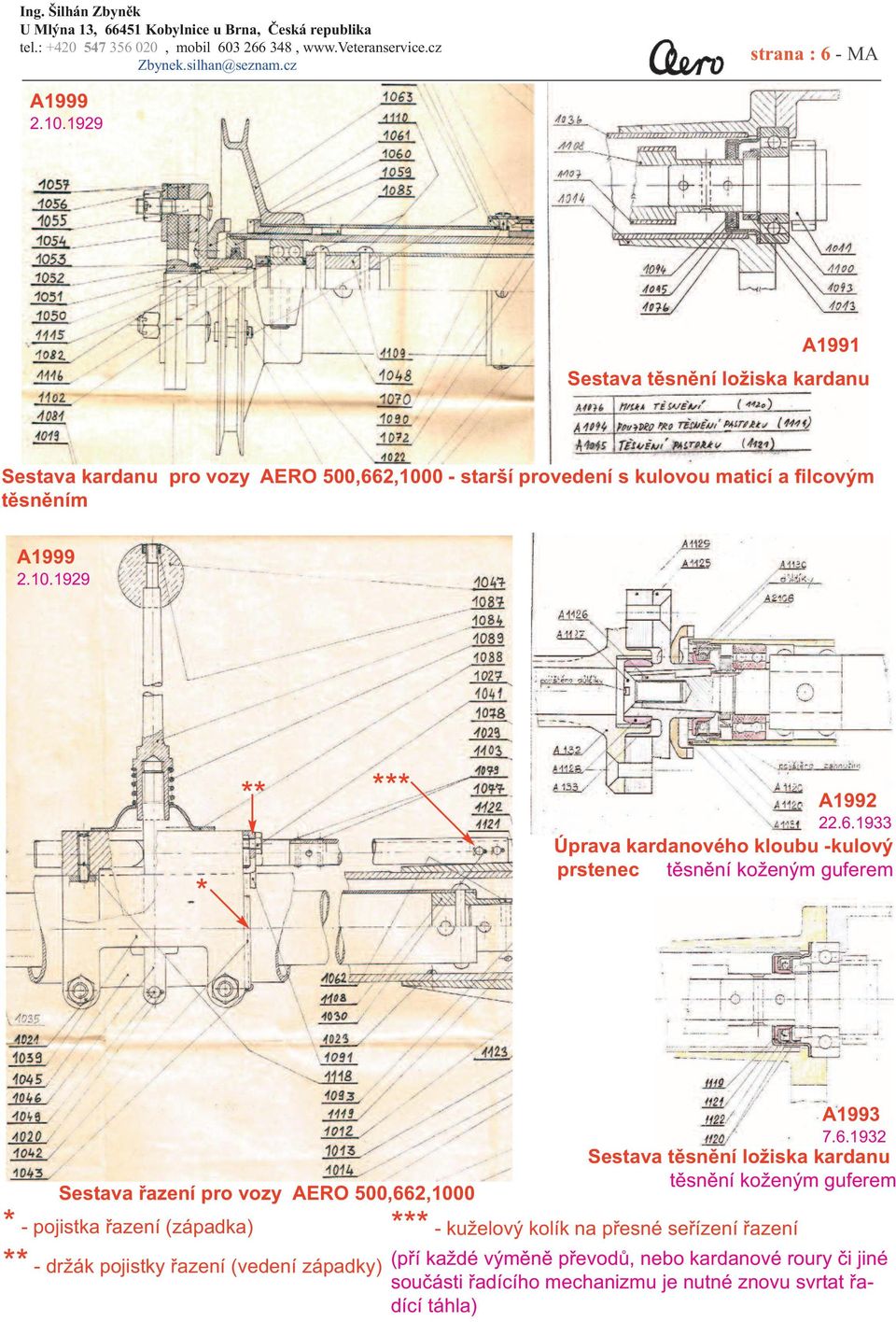 6.1933 Úprava kardanového kloubu -kulový prstenec těsnění koženým guferem Sestava řazení pro vozy AERO 500,662,1000 * - pojistka řazení (západka) ** - držák