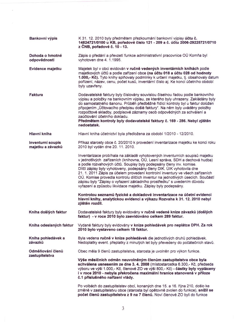 Evidence Faktura majetku Majetek byl v obci evidován v ručně vedených inventárních knihách podle majetkových účtů a podle zařízen! obce (na účtu 018 a účtu 028 od hodnoty 1.000,- Kč).