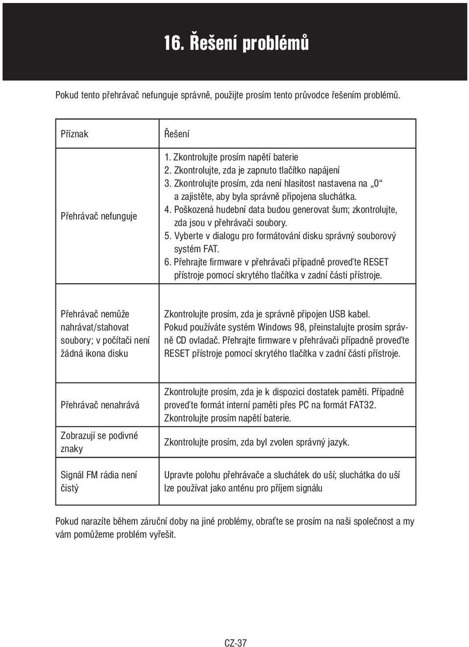 Poškozená hudební data budou generovat šum; zkontrolujte, zda jsou v přehrávači soubory. 5. Vyberte v dialogu pro formátování disku správný souborový systém FAT. 6.