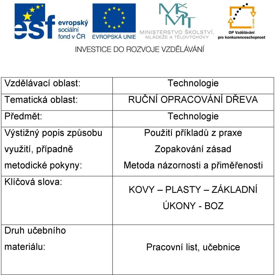 RUČNÍ OPRACOVÁNÍ DŘEVA Technologie Použití příkladů z praxe Zopakování zásad