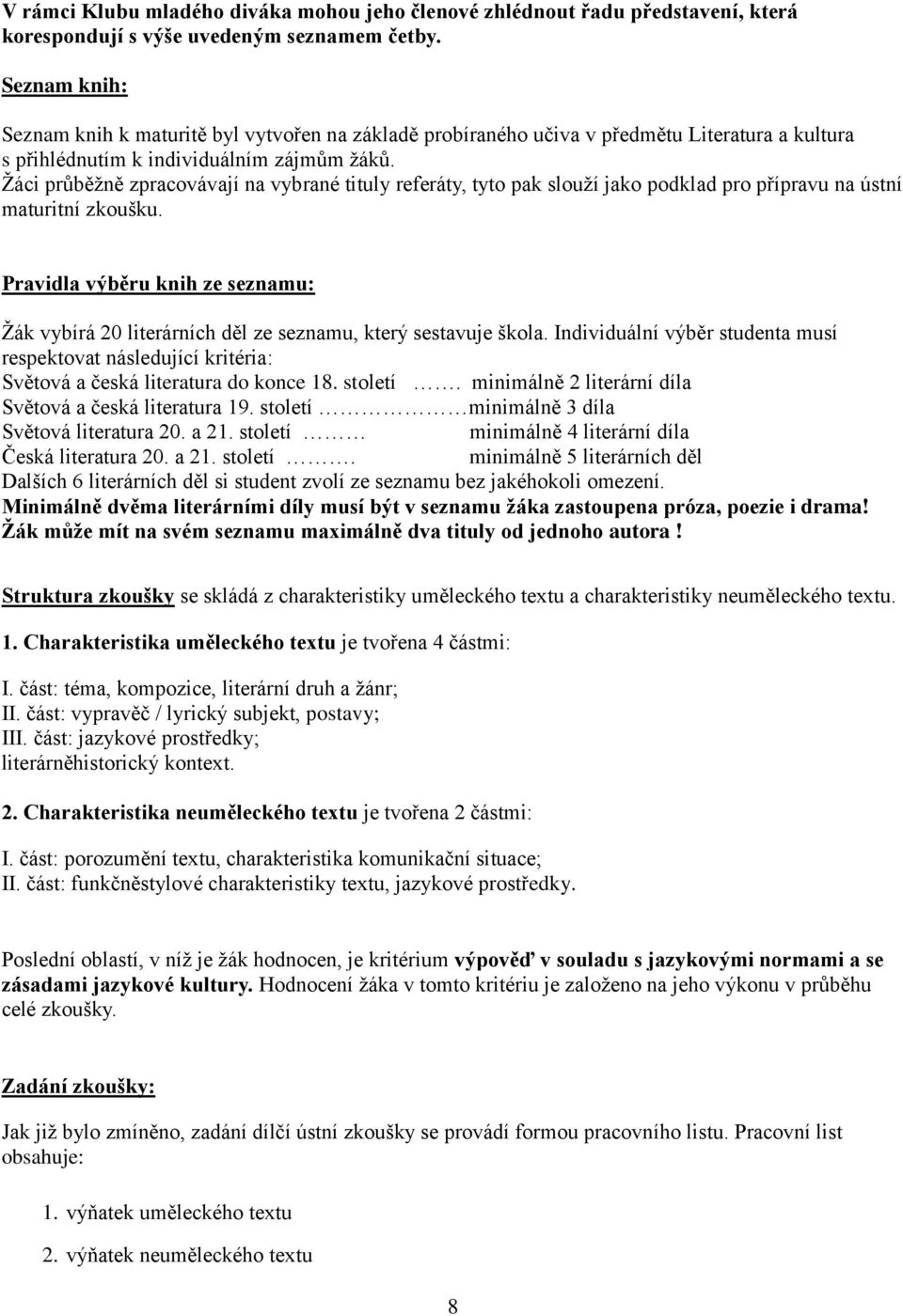 Žáci průběžně zpracovávají na vybrané tituly referáty, tyto pak slouží jako podklad pro přípravu na ústní maturitní zkoušku.