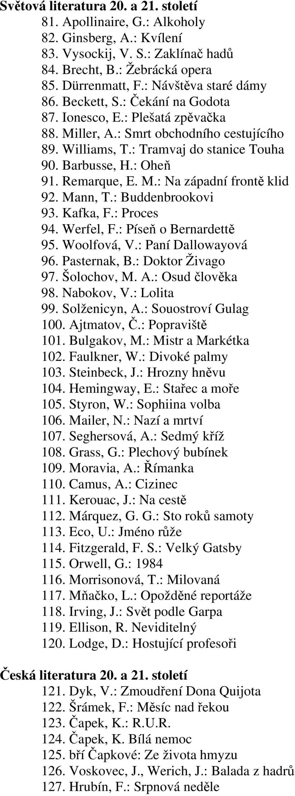 : Oheň 91. Remarque, E. M.: Na západní frontě klid 92. Mann, T.: Buddenbrookovi 93. Kafka, F.: Proces 94. Werfel, F.: Píseň o Bernardettě 95. Woolfová, V.: Paní Dallowayová 96. Pasternak, B.