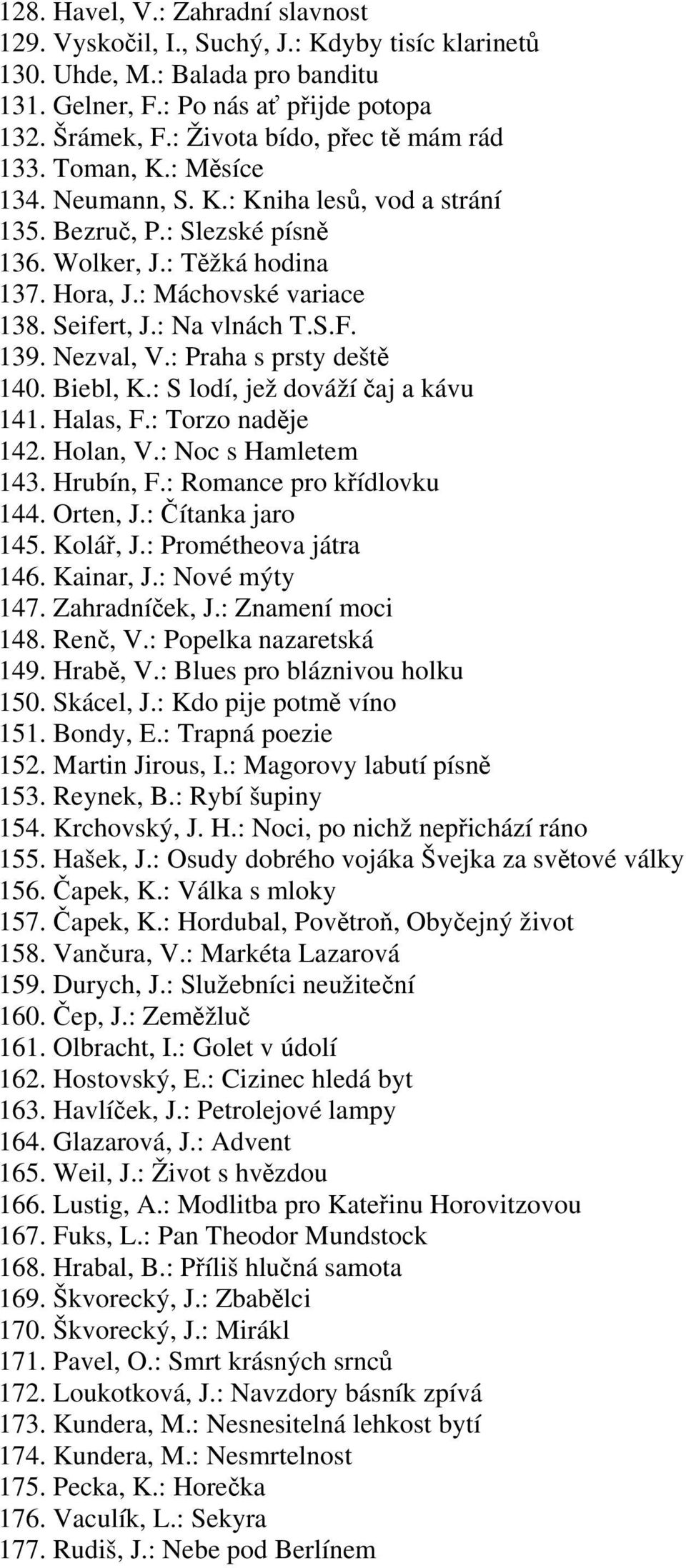 Seifert, J.: Na vlnách T.S.F. 139. Nezval, V.: Praha s prsty deště 140. Biebl, K.: S lodí, jež dováží čaj a kávu 141. Halas, F.: Torzo naděje 142. Holan, V.: Noc s Hamletem 143. Hrubín, F.