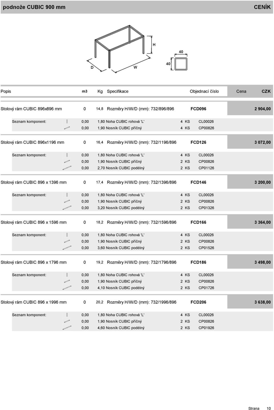 73/396/896 FCD6 3 0,80 Noha CUBIC rohová 'L' CL0006,90 Nosník CUBIC příčný CP0086 3,0 Nosník CUBIC podélný CP036 Stolový rám CUBIC 896 x 596 mm 0 8, Rozměry H/W/D (mm): 73/596/896 FCD66 3 36,00,80
