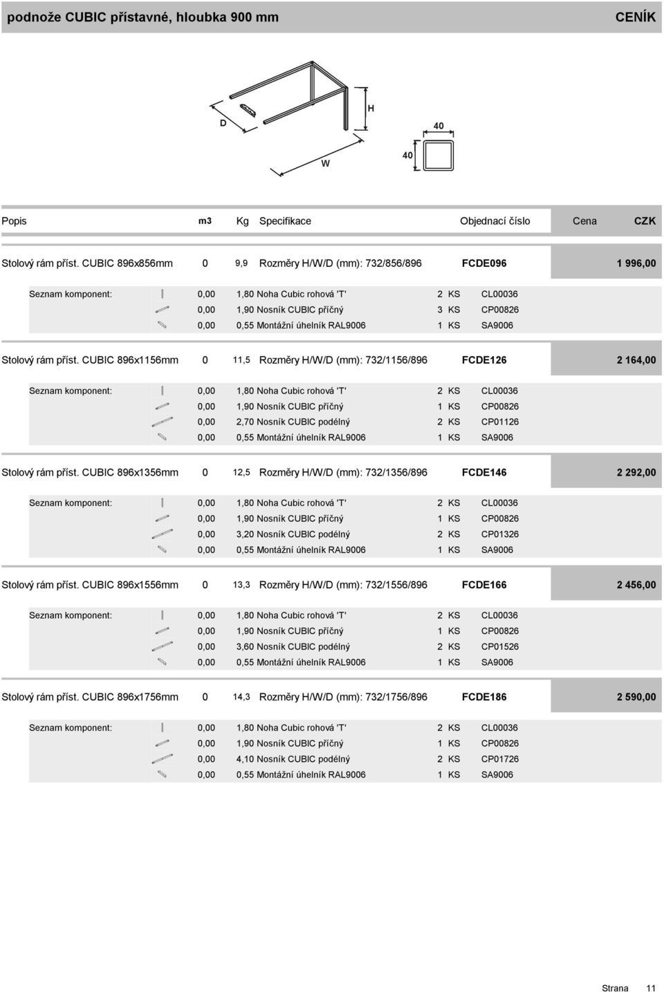 CUBIC 896x56mm 0,5 Rozměry H/W/D (mm): 73/56/896 FCDE6 6,00,80 Noha Cubic rohová 'T' CL00036,90 Nosník CUBIC příčný CP0086,70 Nosník CUBIC podélný CP06 0,55 Montážní úhelník RAL9006 SA9006 Stolový