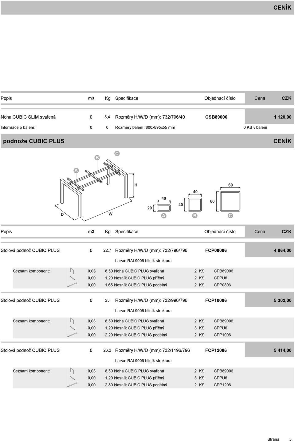 CUBIC PLUS 0 5 Rozměry H/W/D (mm): 73/996/796 FCP0086 5 3 0,03 8,50 Noha CUBIC PLUS svařená CPB89006,0 Nosník CUBIC PLUS příčný 3 CPPU6,0 Nosník CUBIC PLUS podélný CPP006 Stolová