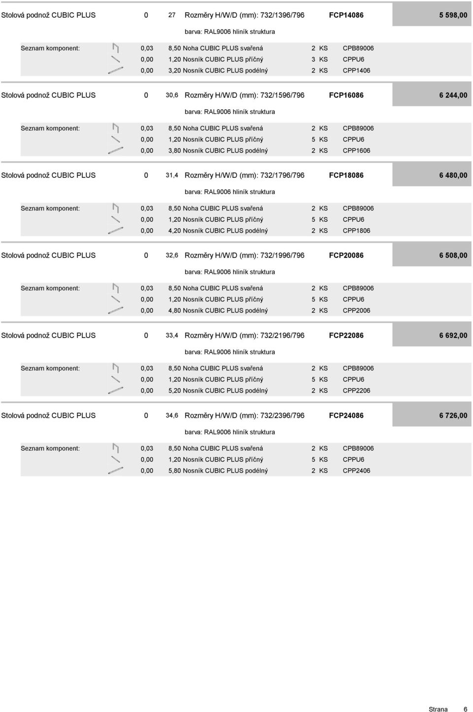 CUBIC PLUS 0 3, Rozměry H/W/D (mm): 73/796/796 FCP8086 6 8 0,03 8,50 Noha CUBIC PLUS svařená CPB89006,0 Nosník CUBIC PLUS příčný 5 CPPU6,0 Nosník CUBIC PLUS podélný CPP806 Stolová podnož CUBIC PLUS 0