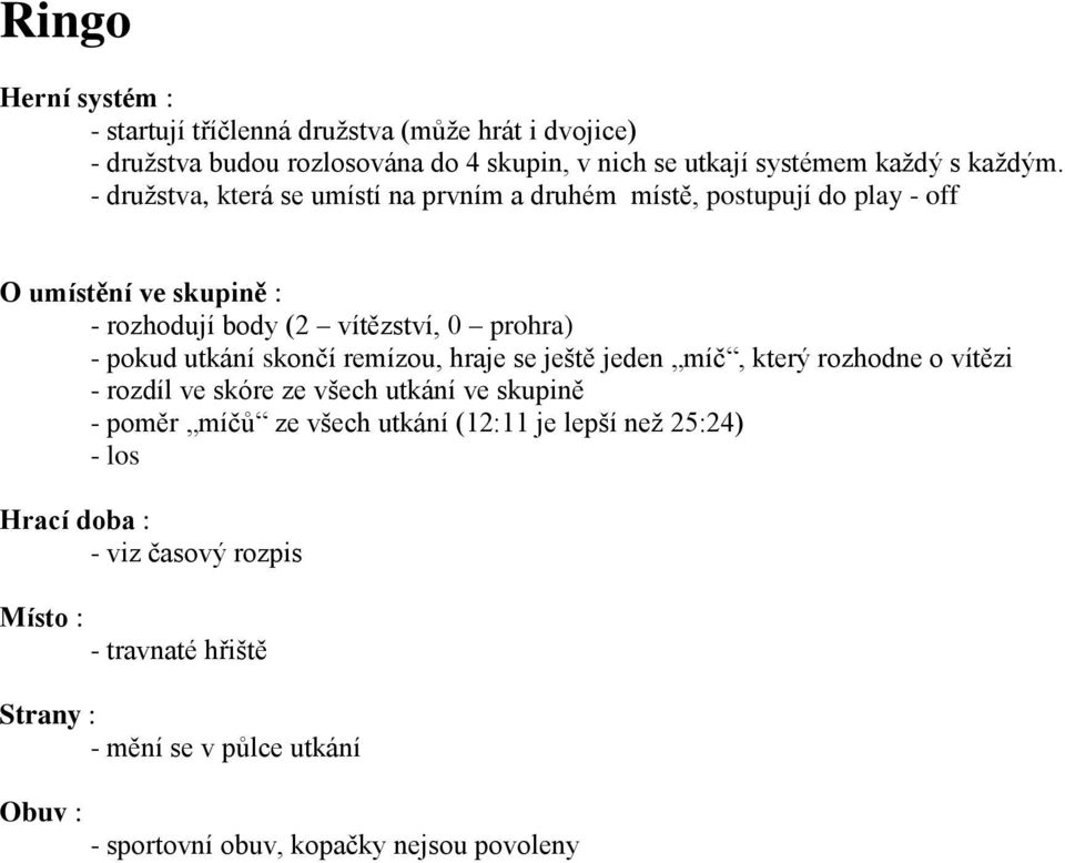 - družstva, která se umístí na prvním a druhém místě, postupují do play - off - rozhodují body (2 vítězství, 0 prohra) -