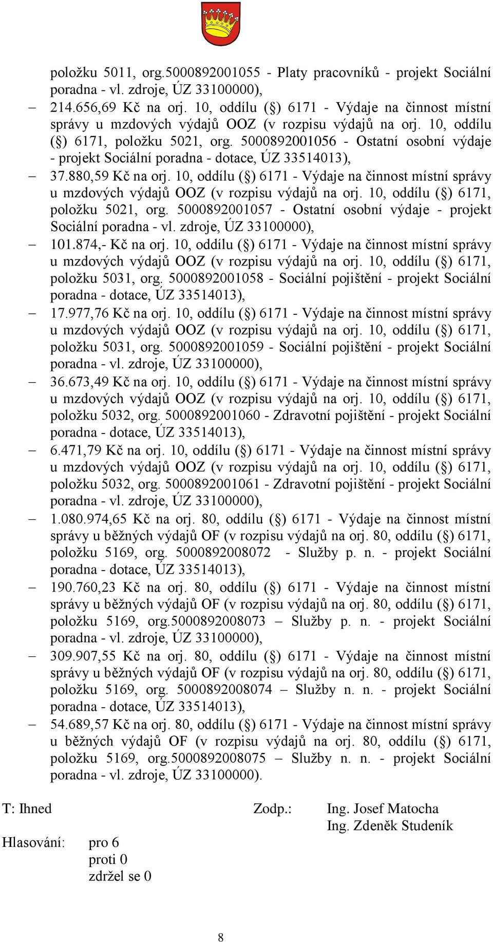 5000892001056 - Ostatní osobní výdaje - projekt Sociální poradna - dotace, ÚZ 33514013), 37.880,59 Kč na orj.  5000892001057 - Ostatní osobní výdaje - projekt Sociální poradna - vl.