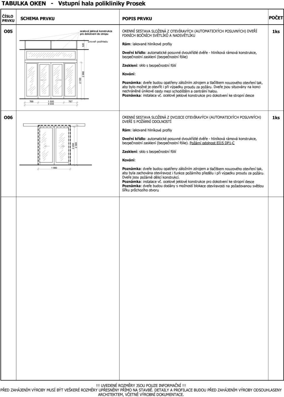 zasklení (bezpečnostní fólie) Zasklení: sklo s bezpečnostní fólií Kování: 768 1 500 767 3 035 oznámka: dveře budou opatřeny záložním zdrojem a tlačítkem nouzového otevření tak, aby bylo možné je