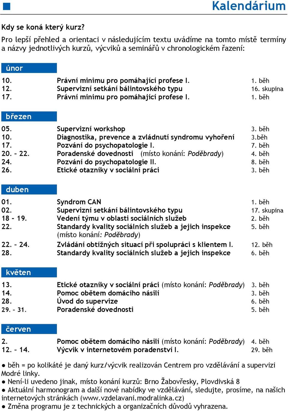 Diagnostika, prevence a zvládnutí syndromu vyhoření 3.běh 17. Pozvání do psychopatologie I. 7. běh 20. 22. Poradenské dovednosti (místo konání: Poděbrady) 4. běh 24. Pozvání do psychopatologie II. 8.