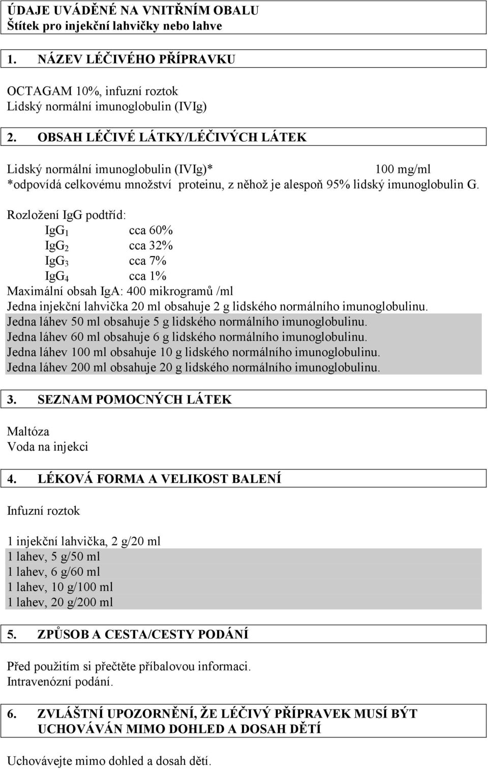 Rozložení IgG podtříd: IgG 1 cca 60% IgG 2 cca 32% IgG 3 cca 7% IgG 4 cca 1% Maximální obsah IgA: 400 mikrogramů /ml Jedna injekční lahvička 20 ml obsahuje 2 g lidského normálního imunoglobulinu.