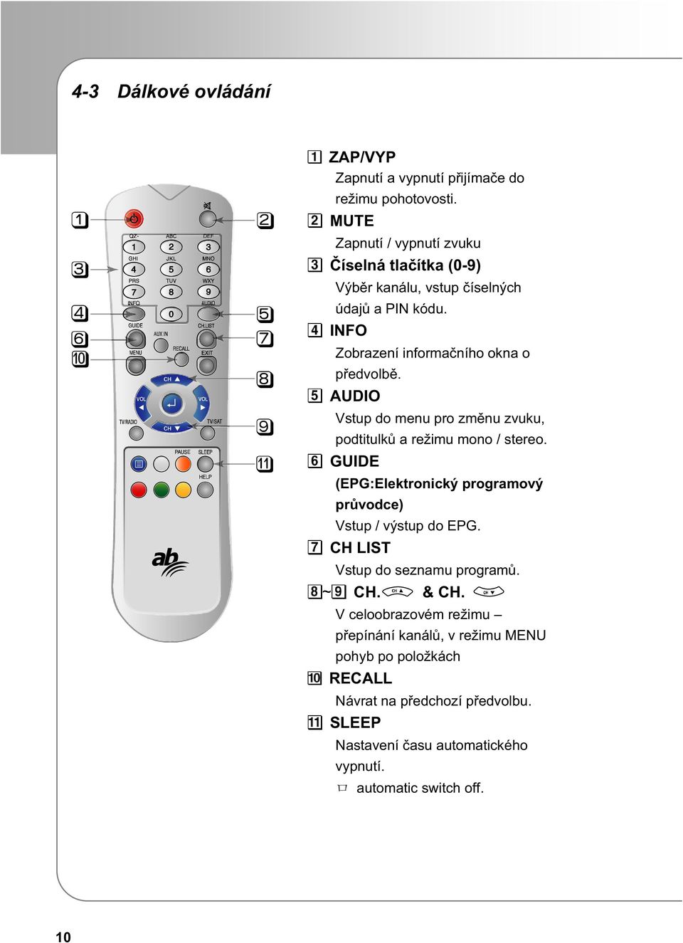 AUDIO Vstup do menu pro zmnu zvuku, podtitulk a režimu mono / stereo. GUIDE (EPG:Elektronický programový prvodce) Vstup / výstup do EPG.