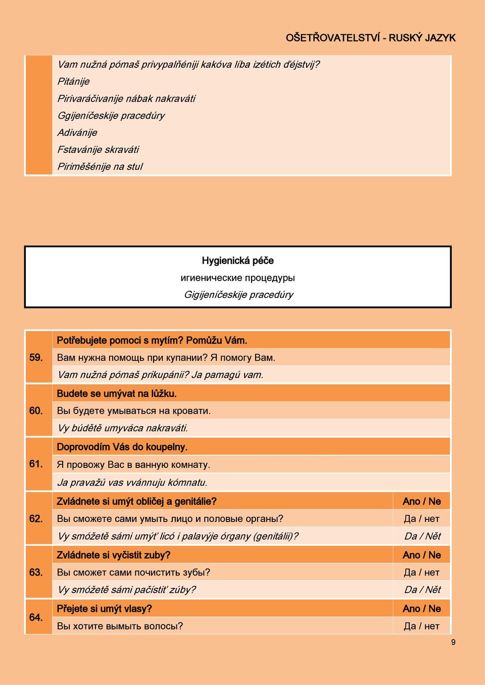 63. 64. Potřebujete pomoci s mytím? Pomůžu Vám. Вам нужна помощь при купании? Я помогу Вам. Vam nužná pómaš prikupánii? Ja pamagú vam. Budete se umývat na lůžku. Вы будете умываться на кровати.