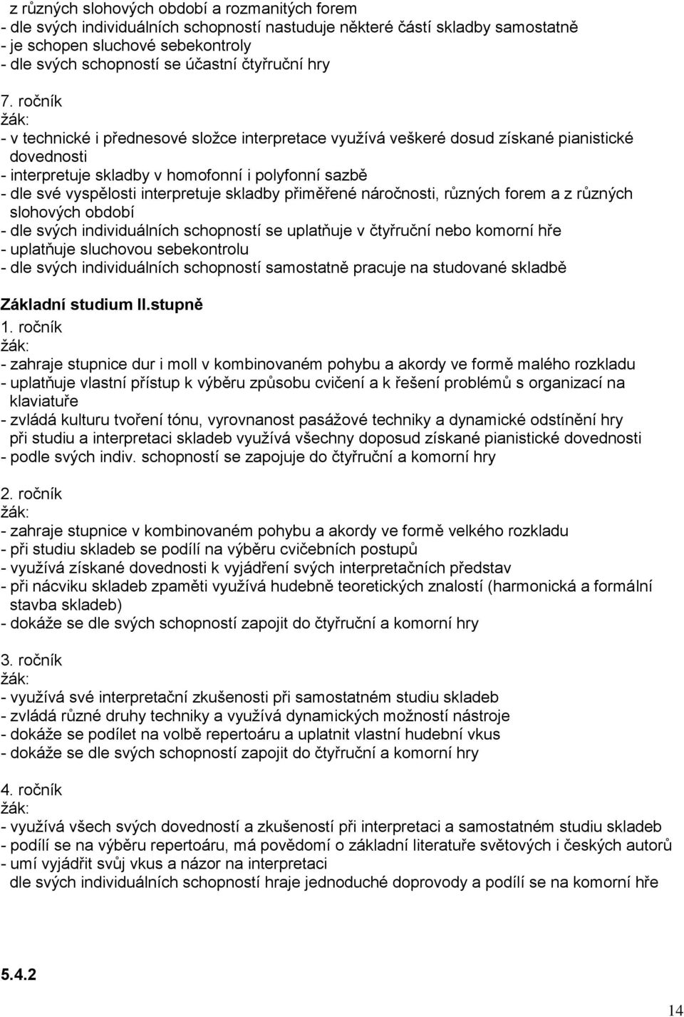 ročník - v technické i přednesové složce interpretace využívá veškeré dosud získané pianistické dovednosti - interpretuje skladby v homofonní i polyfonní sazbě - dle své vyspělosti interpretuje