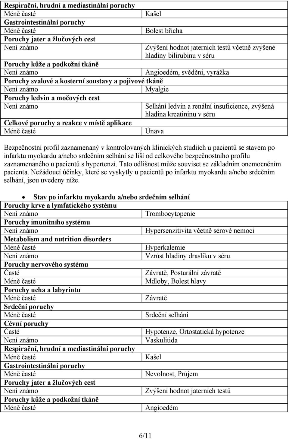 ledvin a renální insuficience, zvýšená hladina kreatininu v séru Únava Bezpečnostní profil zaznamenaný v kontrolovaných klinických studiích u pacientů se stavem po infarktu myokardu a/nebo srdečním