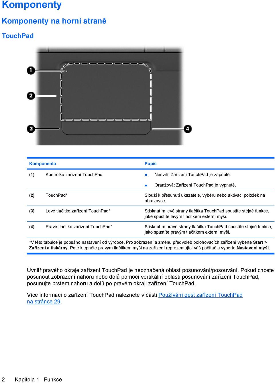 (3) Levé tlačítko zařízení TouchPad* Stisknutím levé strany tlačítka TouchPad spustíte stejné funkce, jaké spustíte levým tlačítkem externí myši.