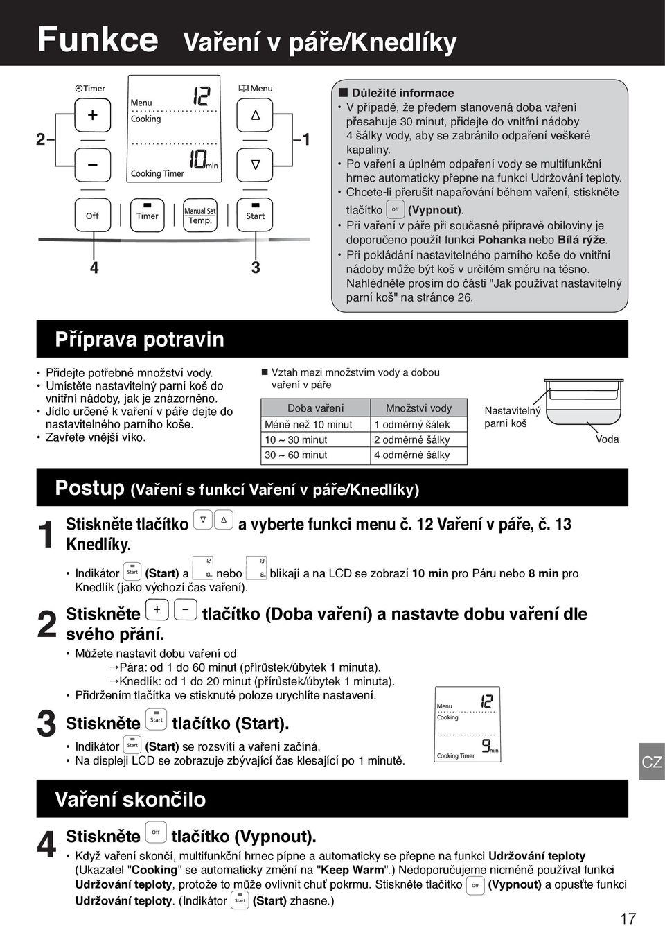 Při vaření v páře při současné přípravě obiloviny je doporučeno použít funkci Pohanka nebo Bílá rýže. Při pokládání nastavitelného parního koše do vnitřní nádoby může být koš v určitém směru na těsno.