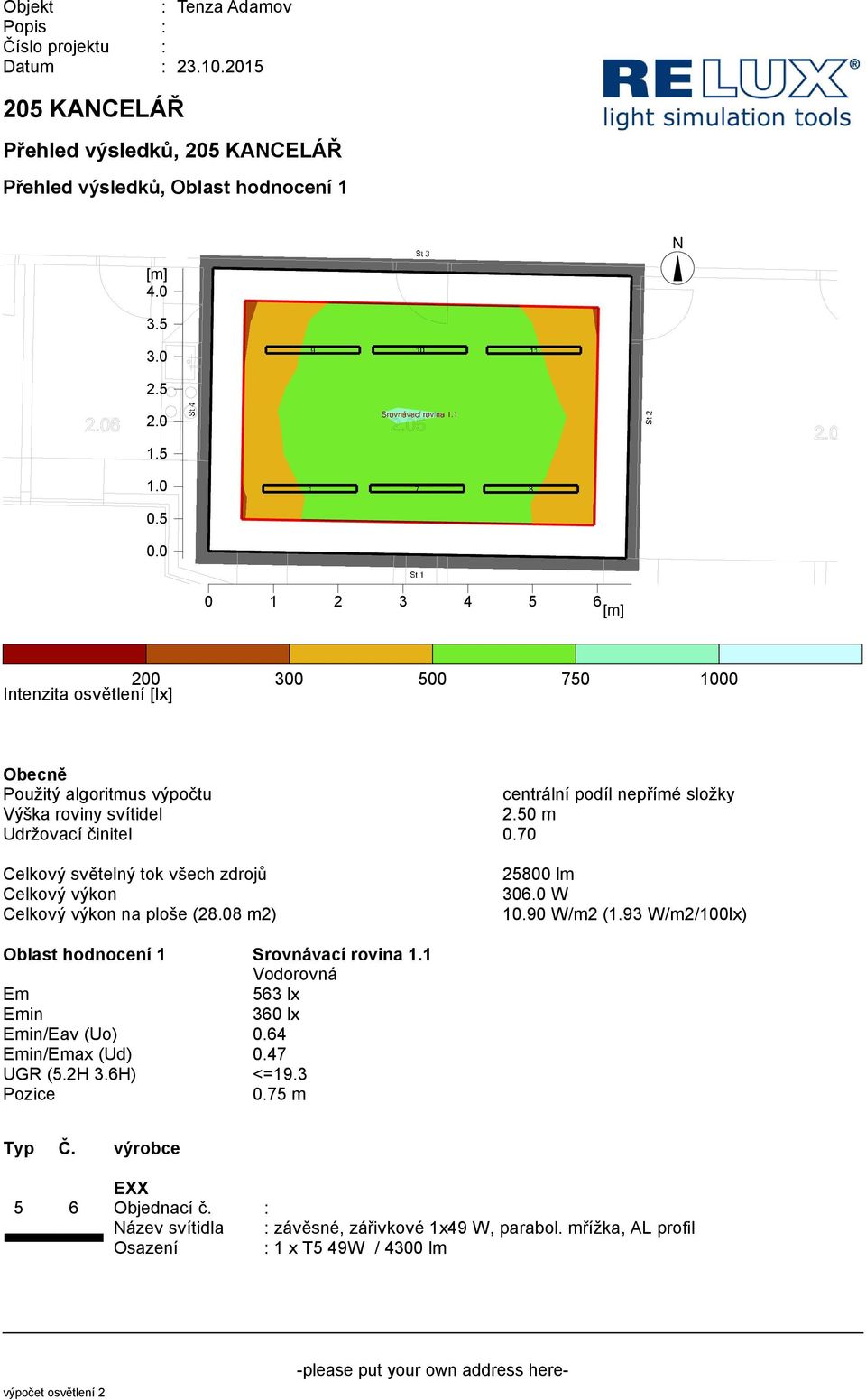 0 W 10.90 W/m2 (1.93 W/m2/100lx) 563 lx in 360 lx in/eav (Uo) 0.64 in/ax (Ud) 0.47 UGR (5.2H 3.6H) <=19.