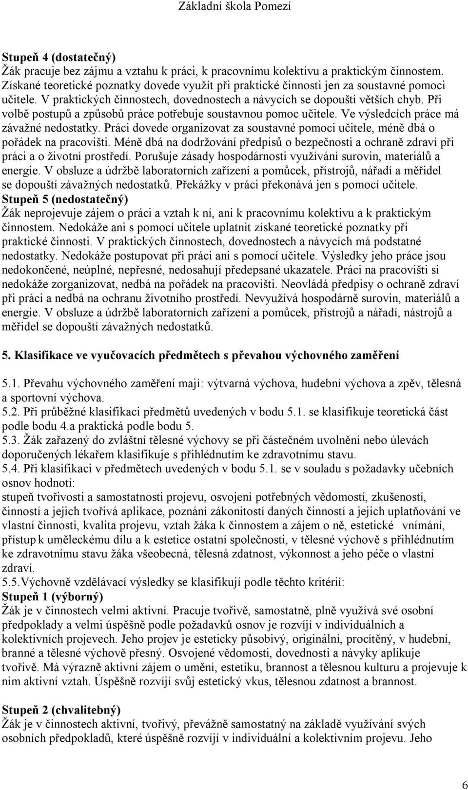 Při volbě postupů a způsobů práce potřebuje soustavnou pomoc učitele. Ve výsledcích práce má závažné nedostatky. Práci dovede organizovat za soustavné pomoci učitele, méně dbá o pořádek na pracovišti.