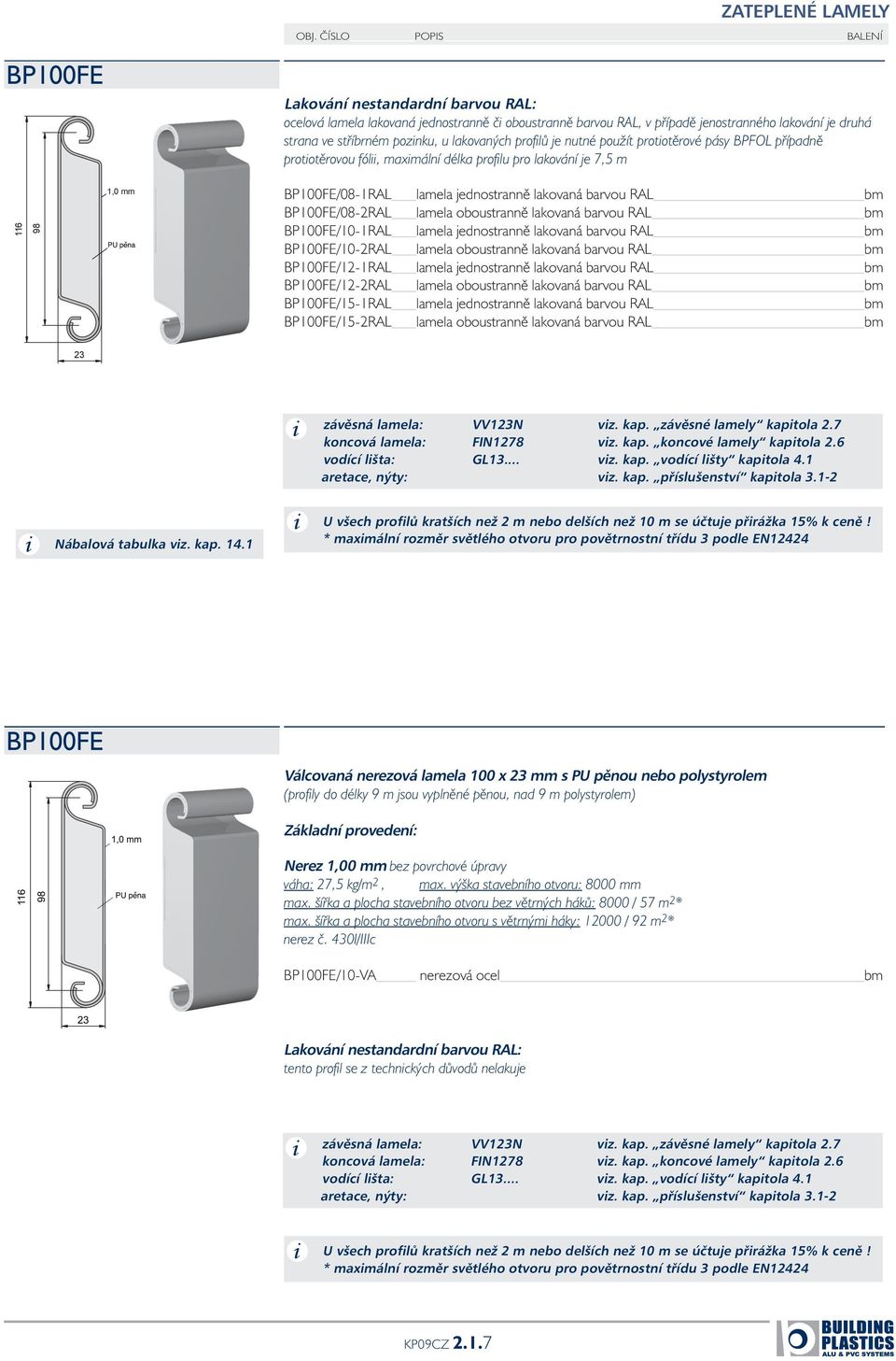 lakovaných profilů je nutné použít protiotěrové pásy BPFOL případně protiotěrovou fólii, maximální délka profilu pro lakování je 7,5 m 116 98 1,0 mm BP100FE/08-1RAL lamela jednostranně lakovaná