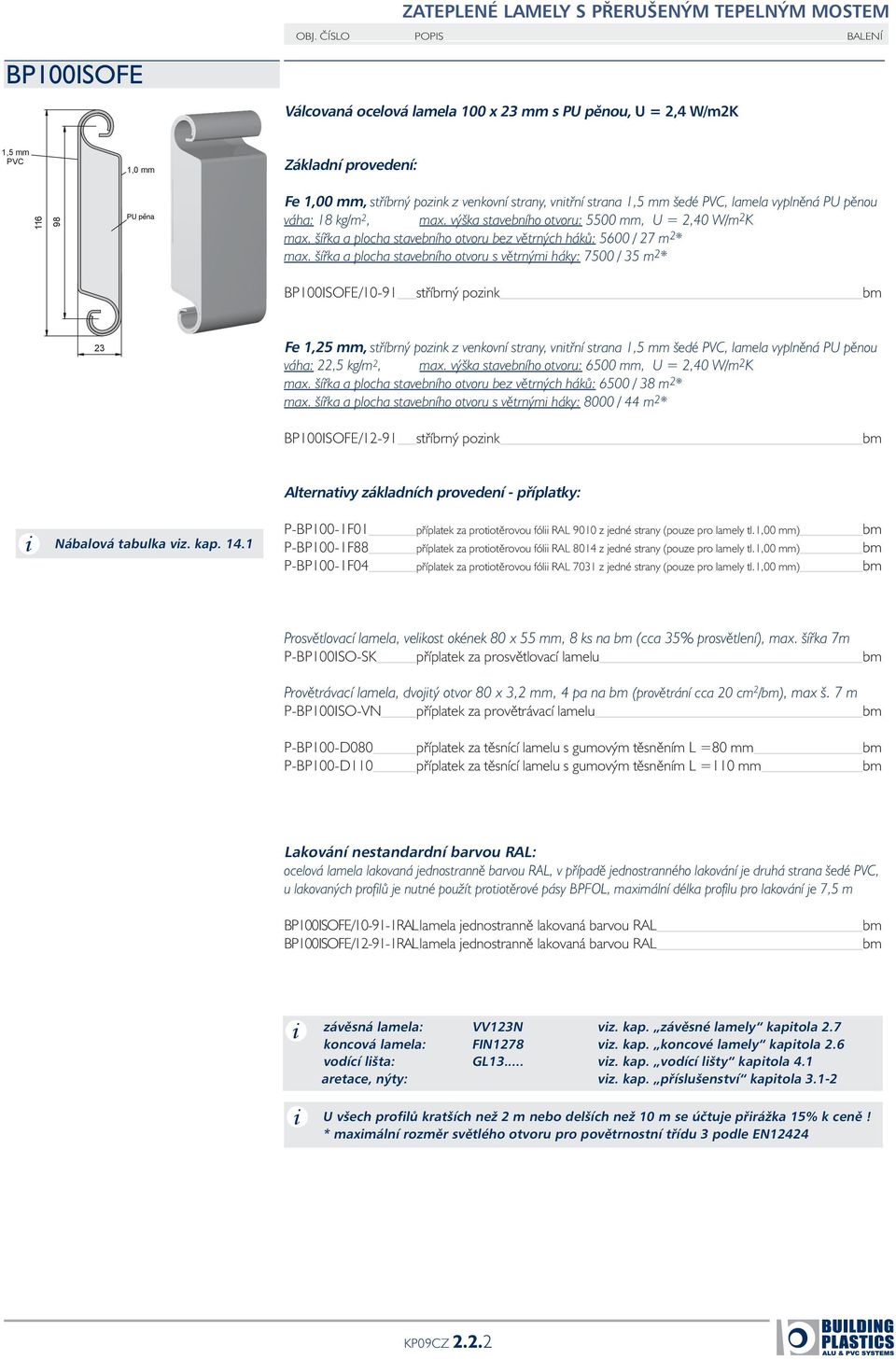1,5 mm šedé PVC, lamela vyplněná PU pěnou váha: 18 kg/m 2, max. výška stavebního otvoru: 5500 mm, U = 2,40 W/m 2 K max. šířka a plocha stavebního otvoru bez větrných háků: 5600 / 27 m 2 * max.