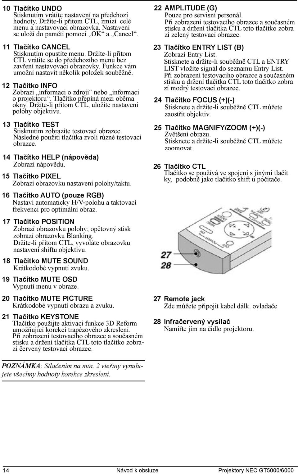 12 Tlačítko INFO Zobrazí informaci o zdroji nebo informaci o projektoru. Tlačítko přepíná mezi oběma okny. Držíte-li přitom CTL, uložíte nastavení polohy objektivu.