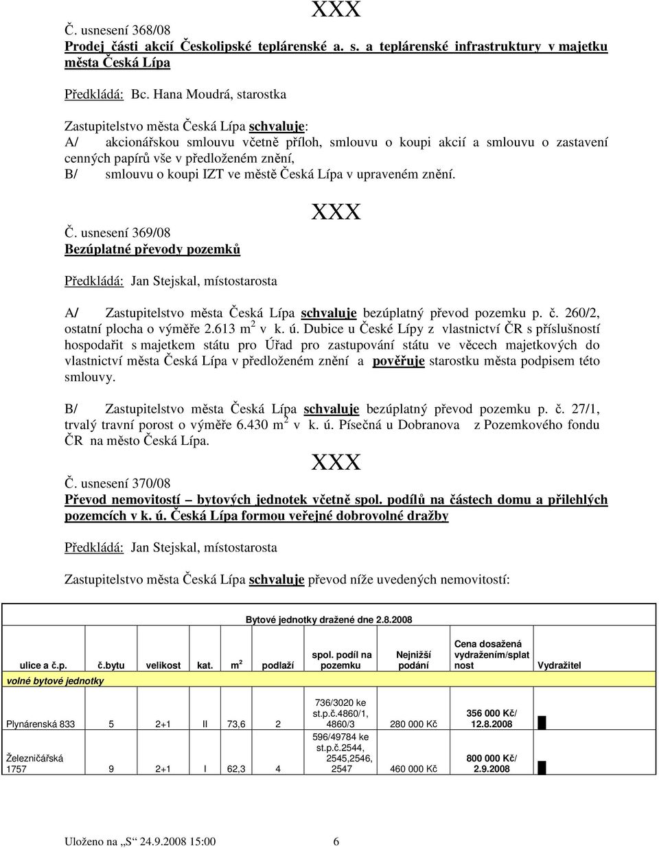 o koupi IZT ve městě Česká Lípa v upraveném znění. Č. usnesení 369/08 Bezúplatné převody pozemků A/ Zastupitelstvo města Česká Lípa schvaluje bezúplatný převod pozemku p. č.