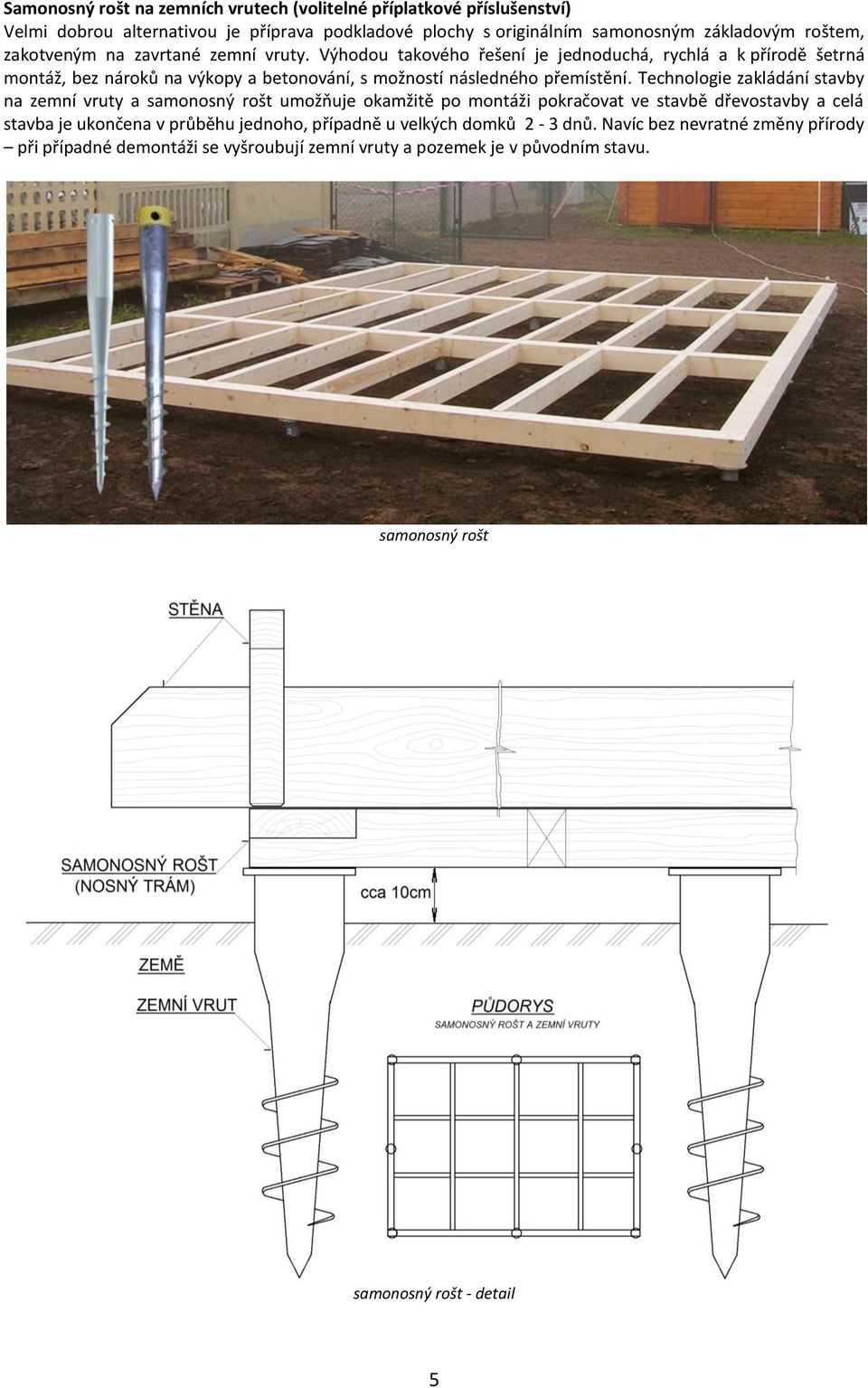 Technologie zakládání stavby na zemní vruty a samonosný rošt umožňuje okamžitě po montáži pokračovat ve stavbě dřevostavby a celá stavba je ukončena v průběhu jednoho, případně