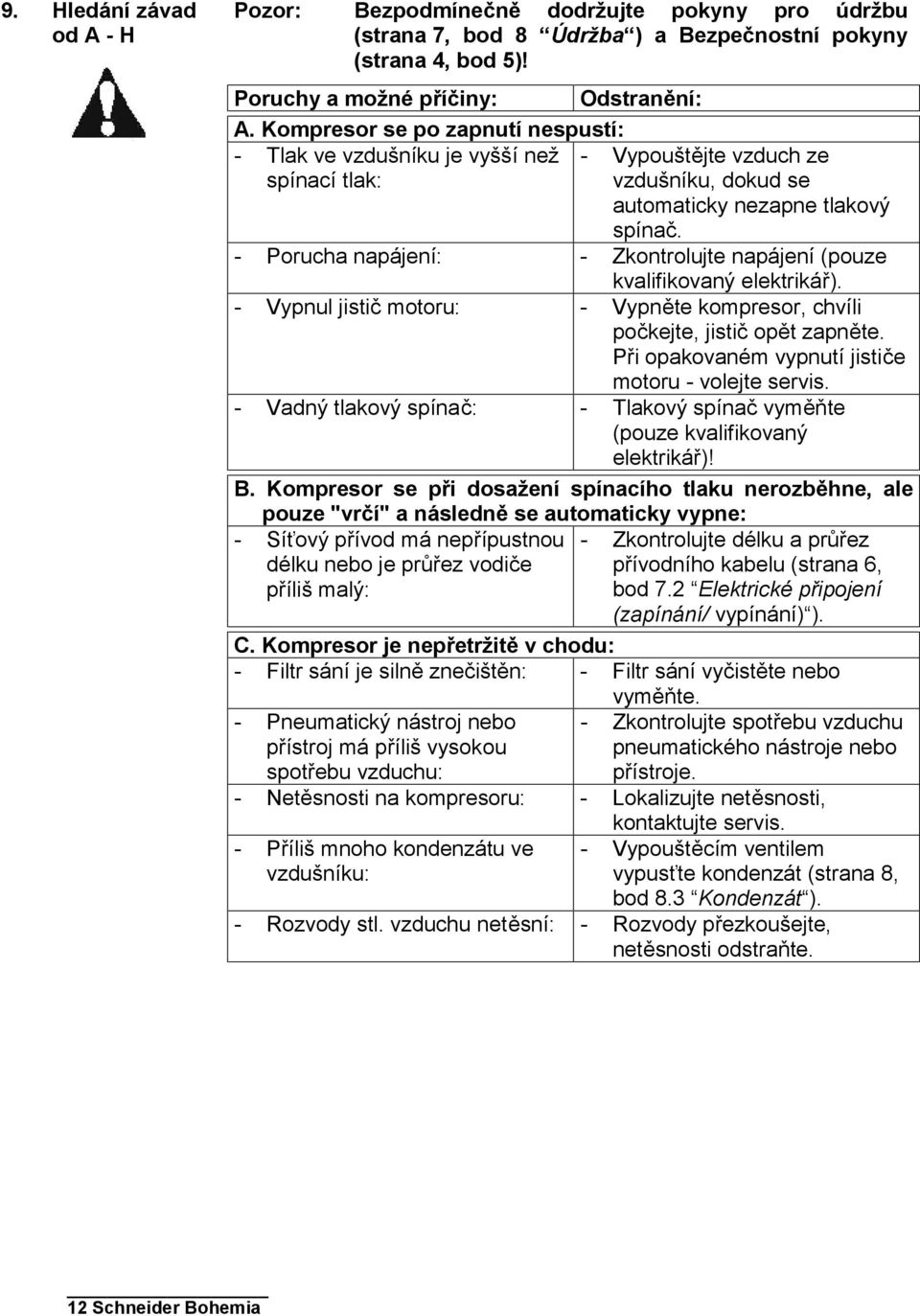 - Porucha napájení: - Zkontrolujte napájení (pouze kvalifikovaný elektrikář). - Vypnul jistič motoru: - Vypněte kompresor, chvíli počkejte, jistič opět zapněte.