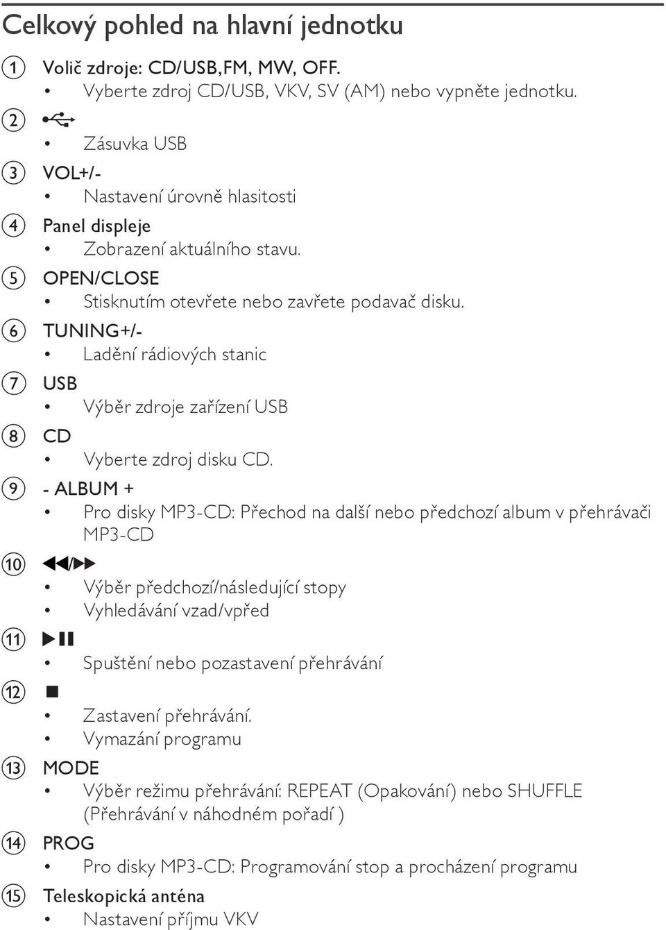 f TUNING+/- Lad ní rádiových stanic g USB Výb r zdroje za ízení USB h CD Vyberte zdroj disku CD.