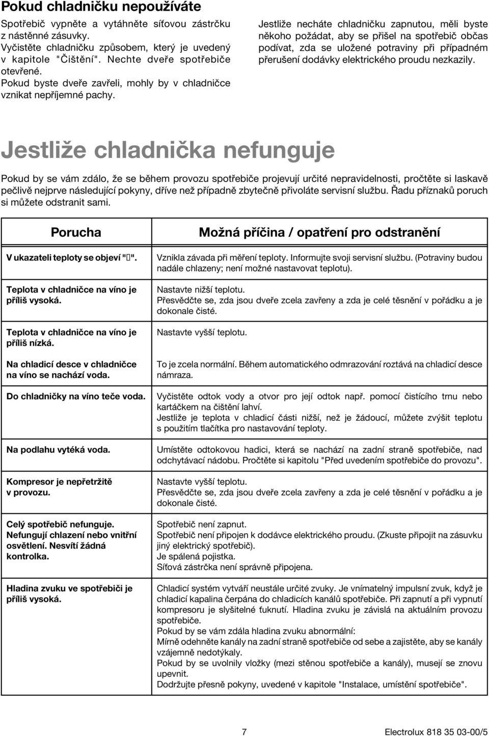 Jestliûe nech te chladniëku zapnutou, mïli byste nïkoho poû dat, aby se p iöel na spot ebië obëas podìvat, zda se uloûenè potraviny p i p ÌpadnÈm p eruöenì dod vky elektrickèho proudu nezkazily.