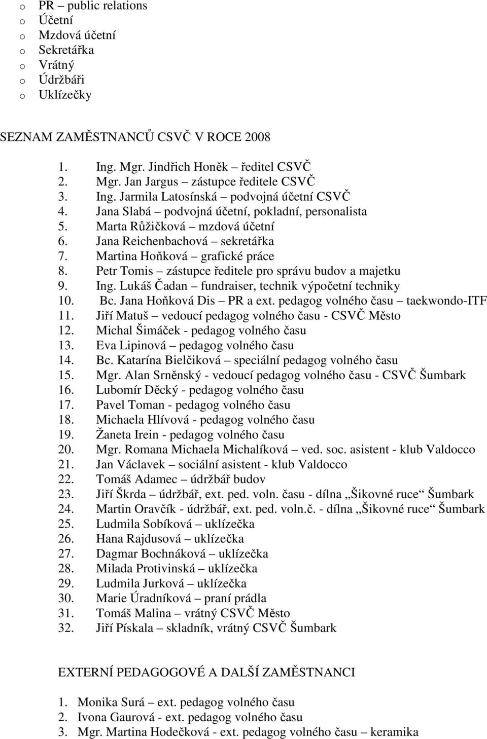 Martina Hoňková grafické práce 8. Petr Tomis zástupce ředitele pro správu budov a majetku 9. Ing. Lukáš Čadan fundraiser, technik výpočetní techniky 10. Bc. Jana Hoňková Dis PR a ext.