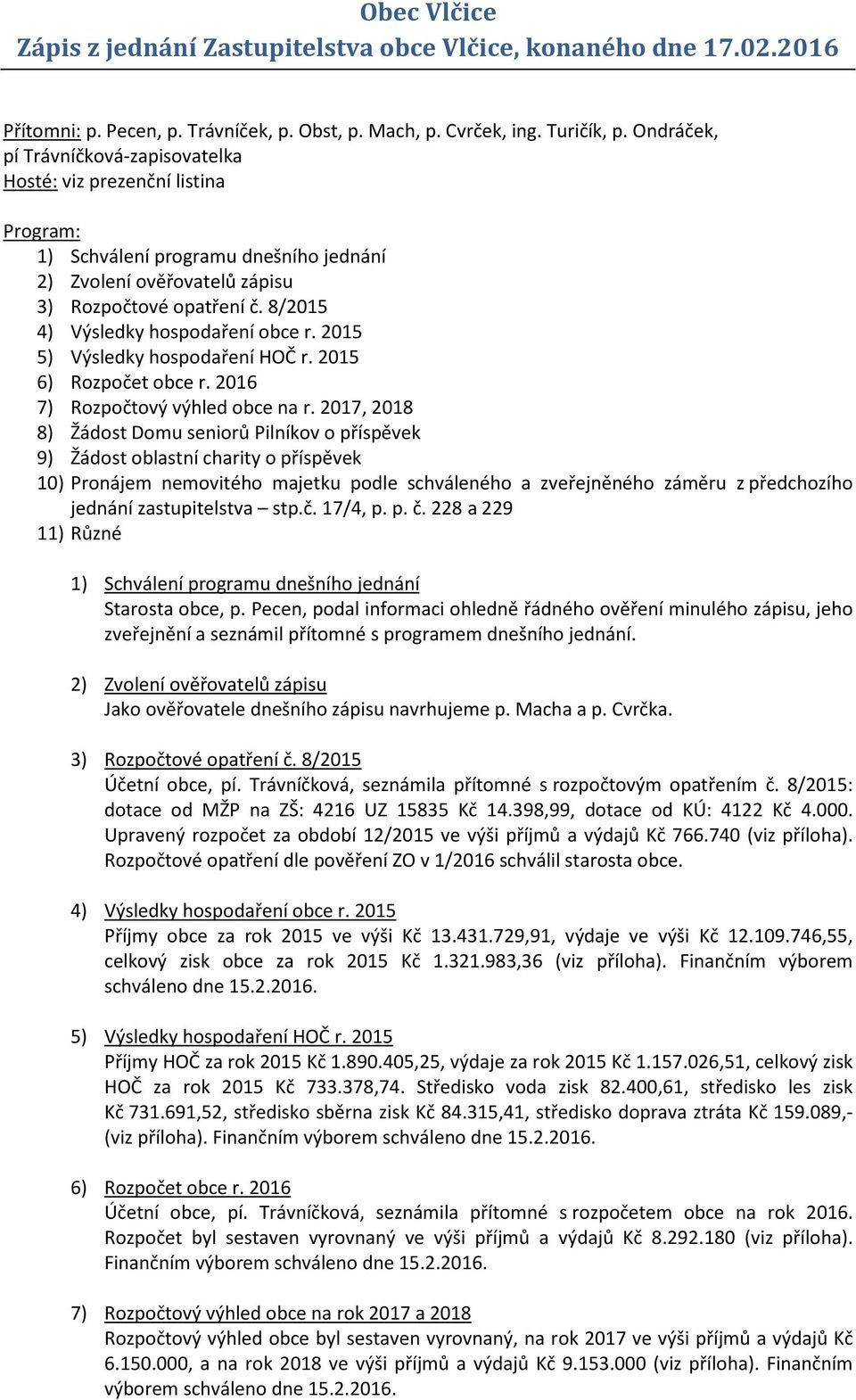 Pecen, podal informaci ohledně řádného ověření minulého zápisu, jeho zveřejnění a seznámil přítomné s programem dnešního jednání. Jako ověřovatele dnešního zápisu navrhujeme p. Macha a p. Cvrčka.