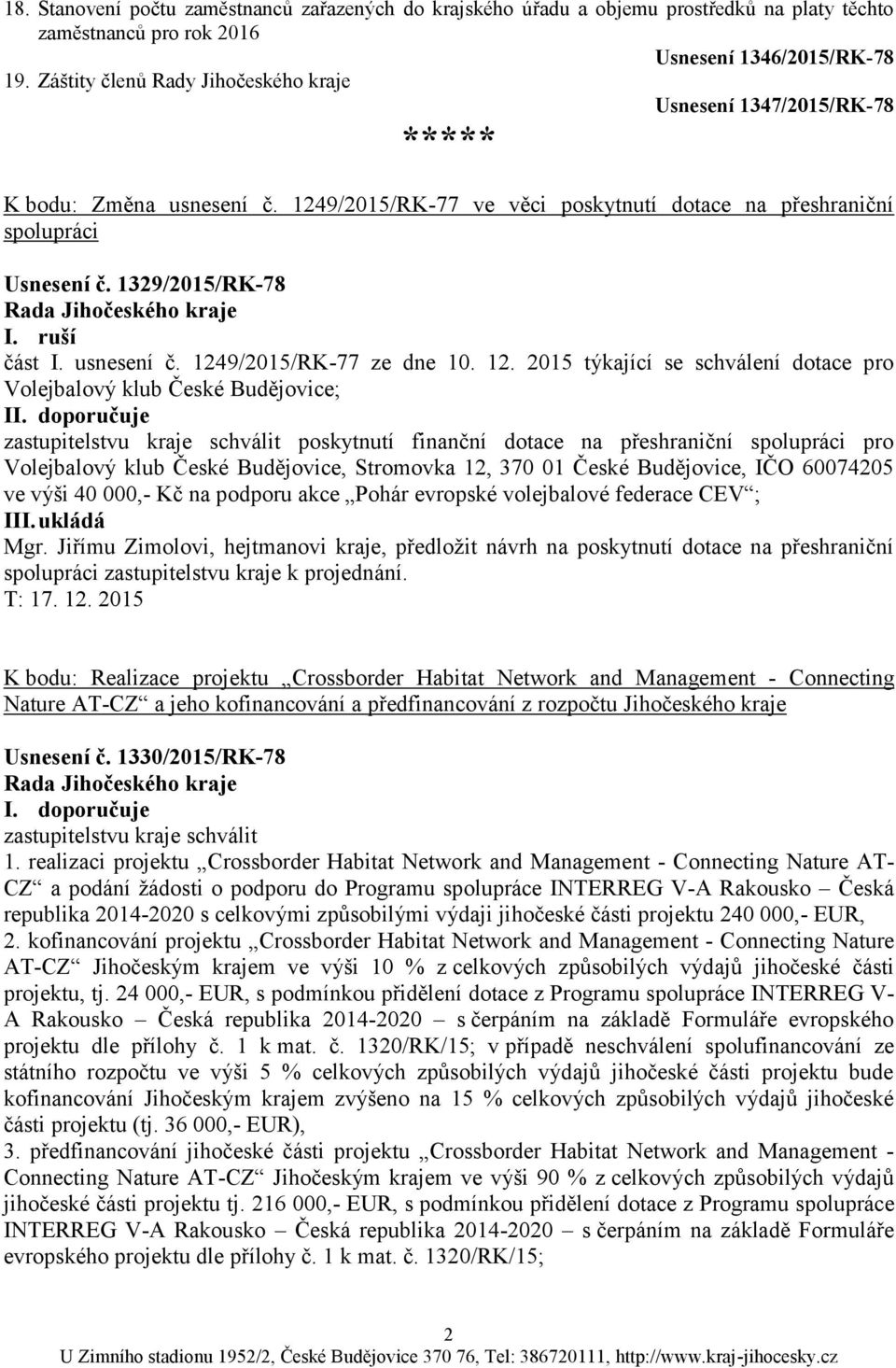 ruší část I. usnesení č. 1249/2015/RK-77 ze dne 10. 12. 2015 týkající se schválení dotace pro Volejbalový klub České Budějovice; II.