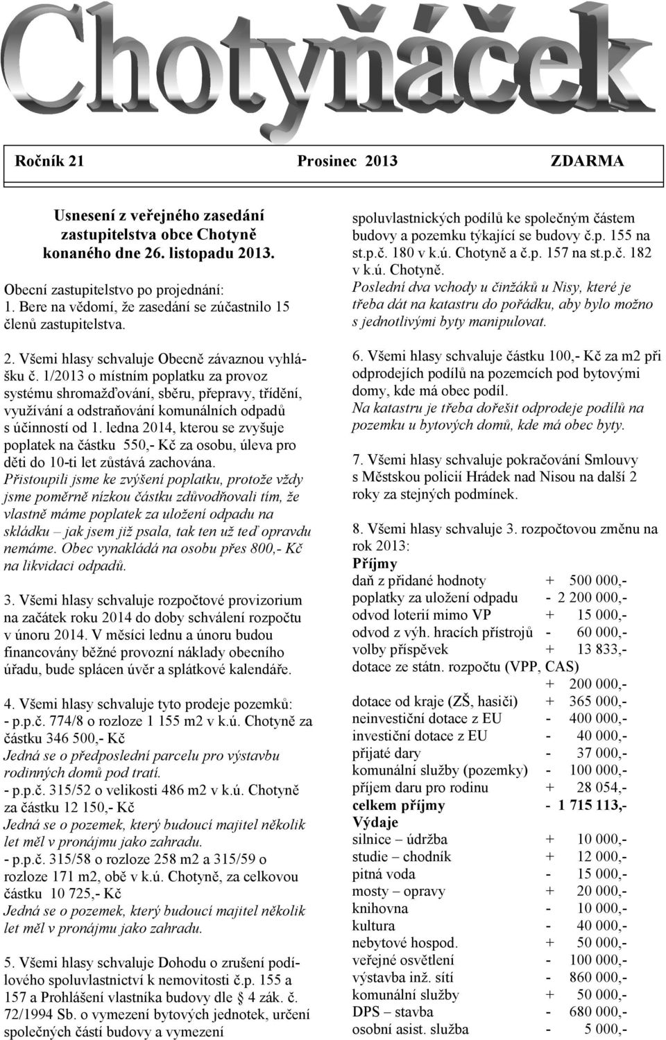 1/2013 o místním poplatku za provoz systému shromažďování, sběru, přepravy, třídění, využívání a odstraňování komunálních odpadů s účinností od 1.