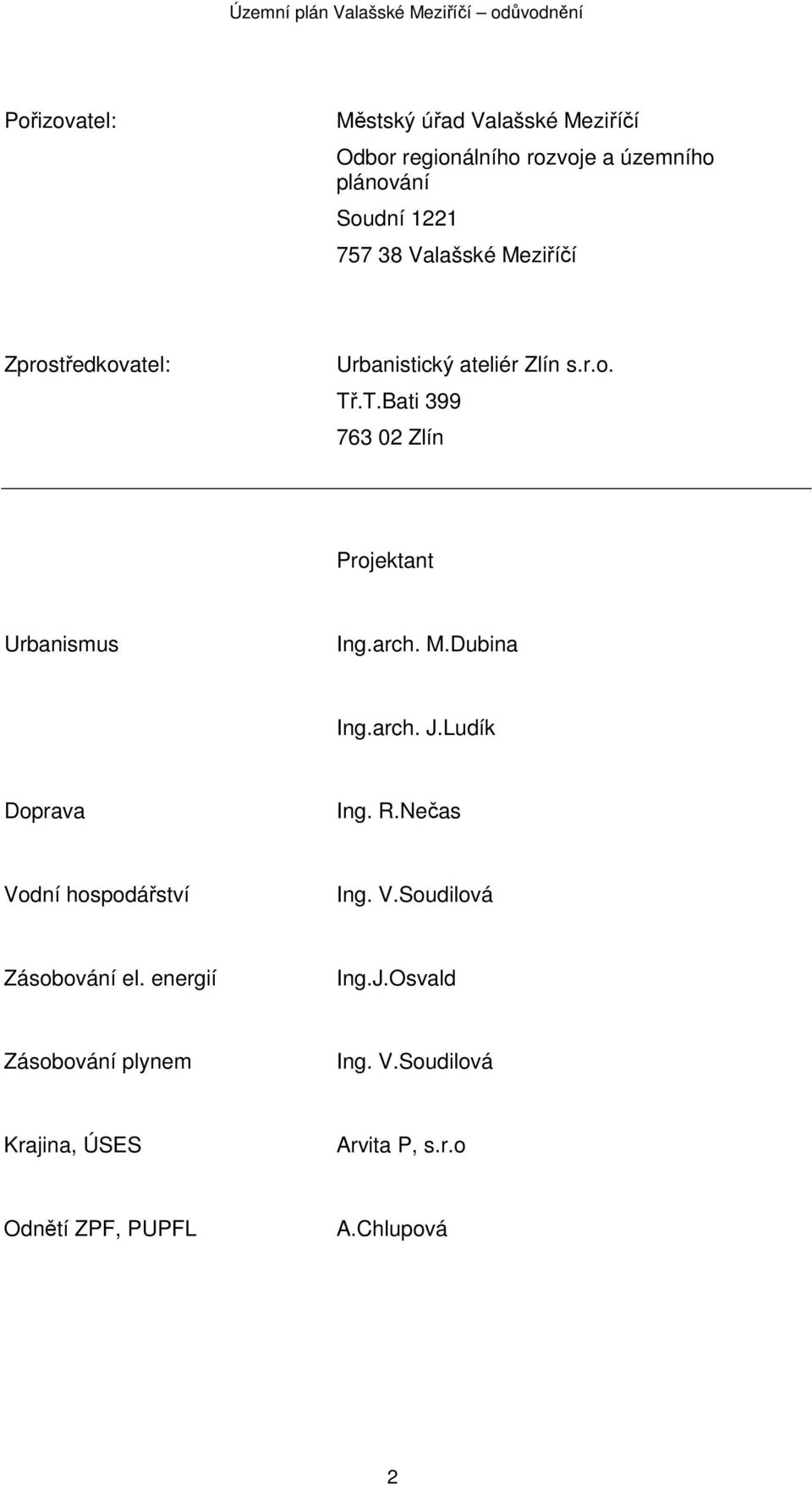 .T.Bati 399 763 02 Zlín Projektant Urbanismus Ing.arch. M.Dubina Ing.arch. J.Ludík Doprava Ing. R.