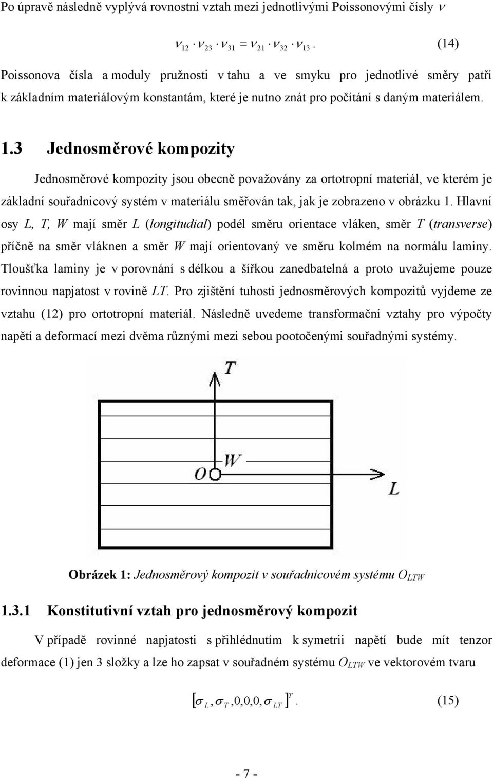 .3 Jednosměrové kompozity Jednosměrové kompozity jsou obecně považovány za ortotropní materiál, ve kterém je základní souřadnicový systém v materiálu směřován tak, jak je zobrazeno v obrázku.