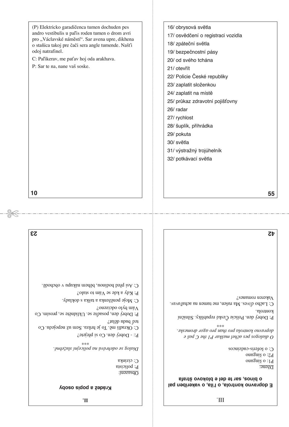 16/ obrysová světla 17/ osvědčení o registraci vozidla 18/ zpáteční světla 19/ bezpečnostní pásy 20/ od svého tchána 21/ otevřít 22/ Policie České republiky 23/ zaplatit složenkou 24/ zaplatit na